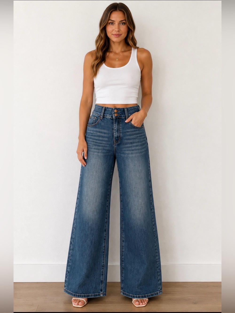 Upnet High-Rise Wide Leg Jeans — Medium Blue